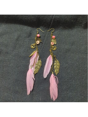 Gold Tone Pink Feather Peace Sign Dangle Shoulder Duster Long Statement Earrings